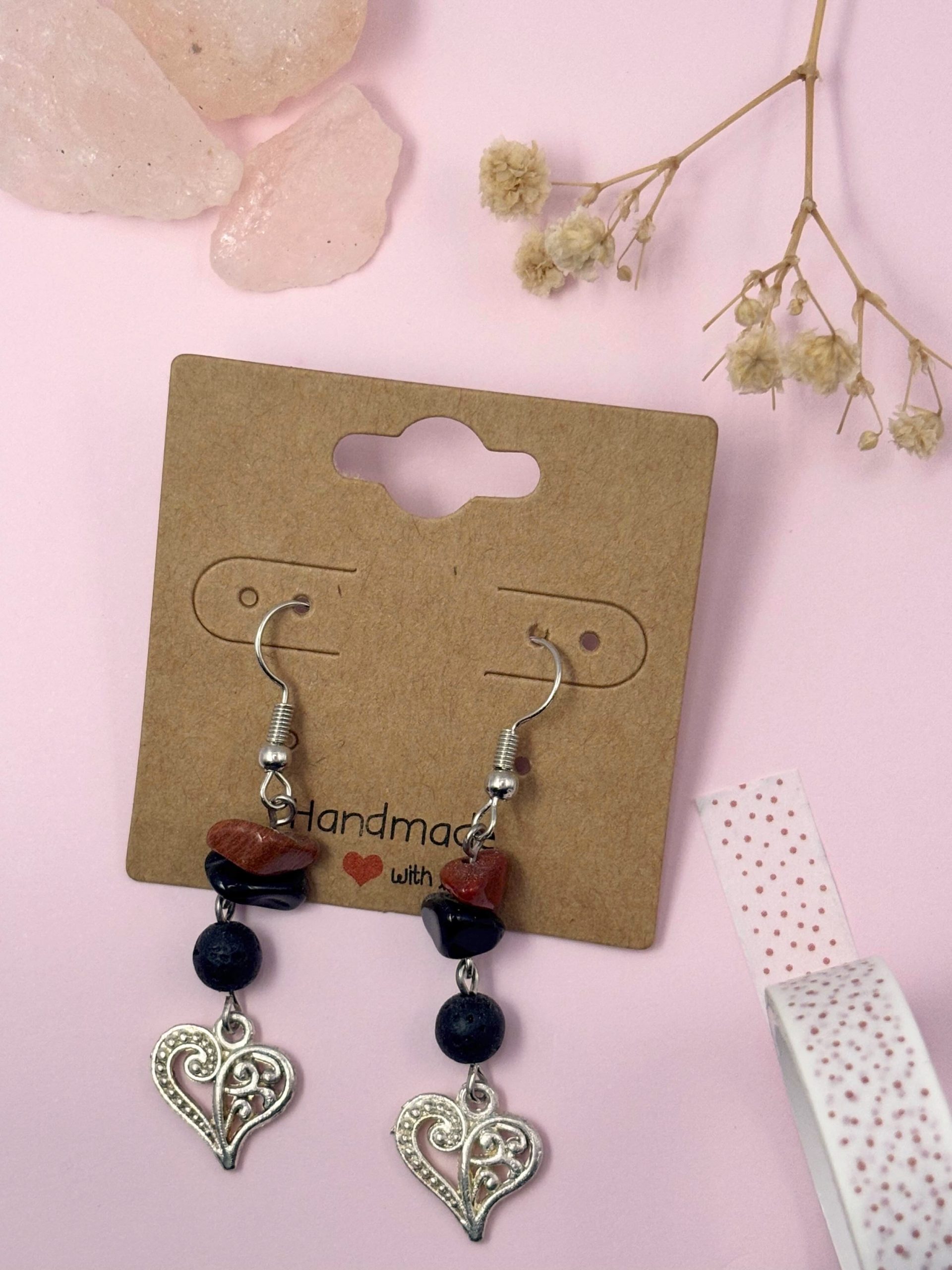 Red Jasper Gemstone With Heart Charm Earrings