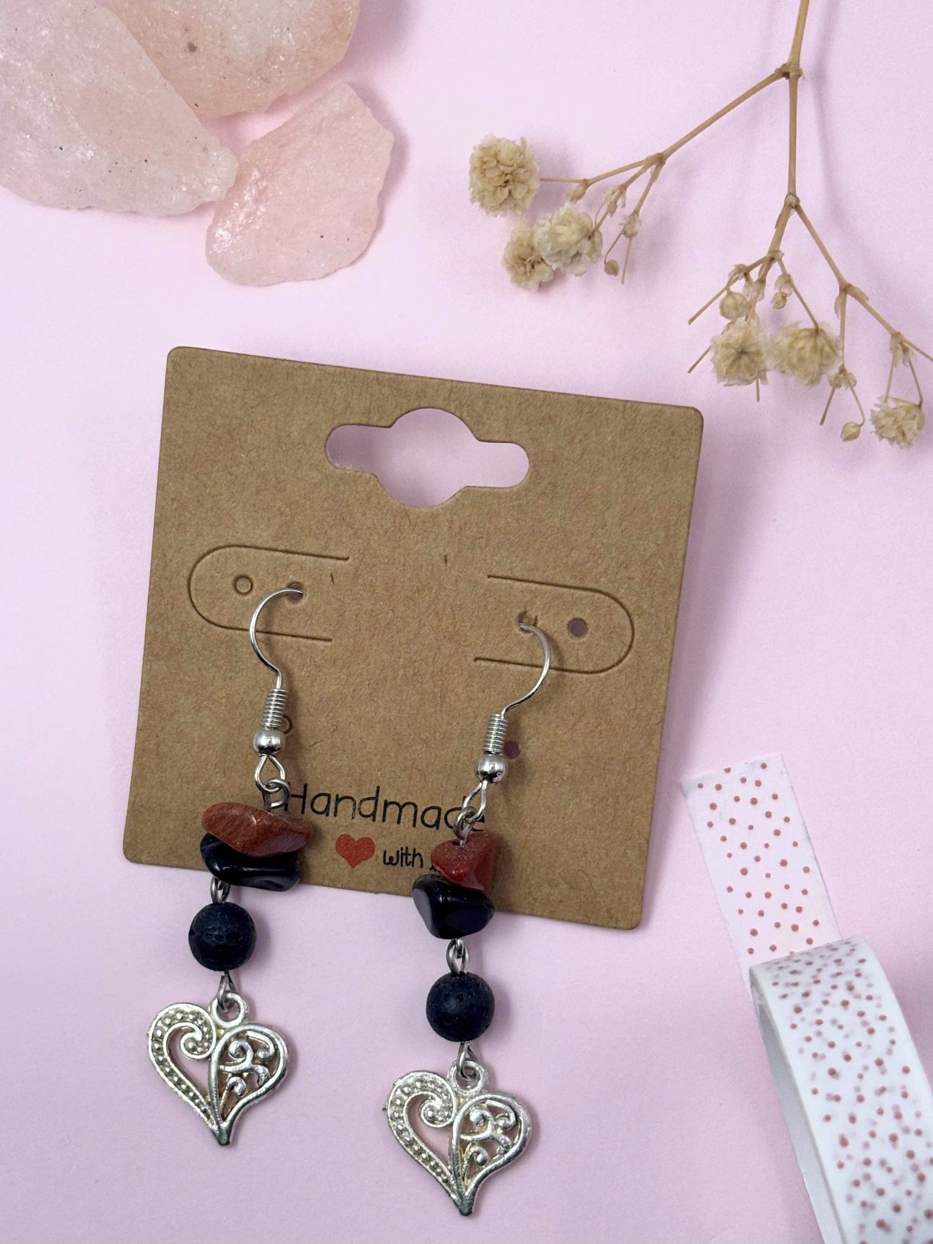 Red Jasper Gemstone With Heart Charm Earrings