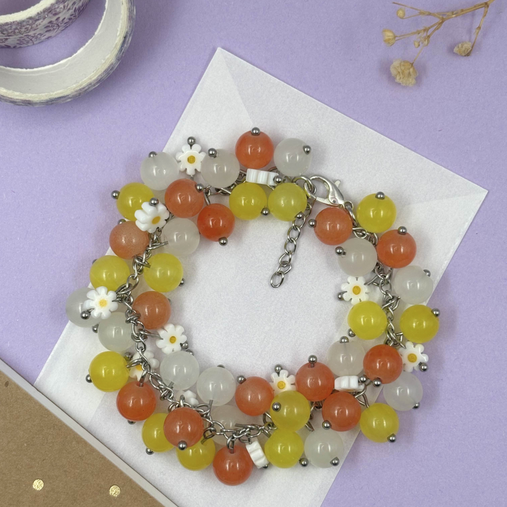 Cluster Bracelet with Mixed Glass Beads and Daisy Charms