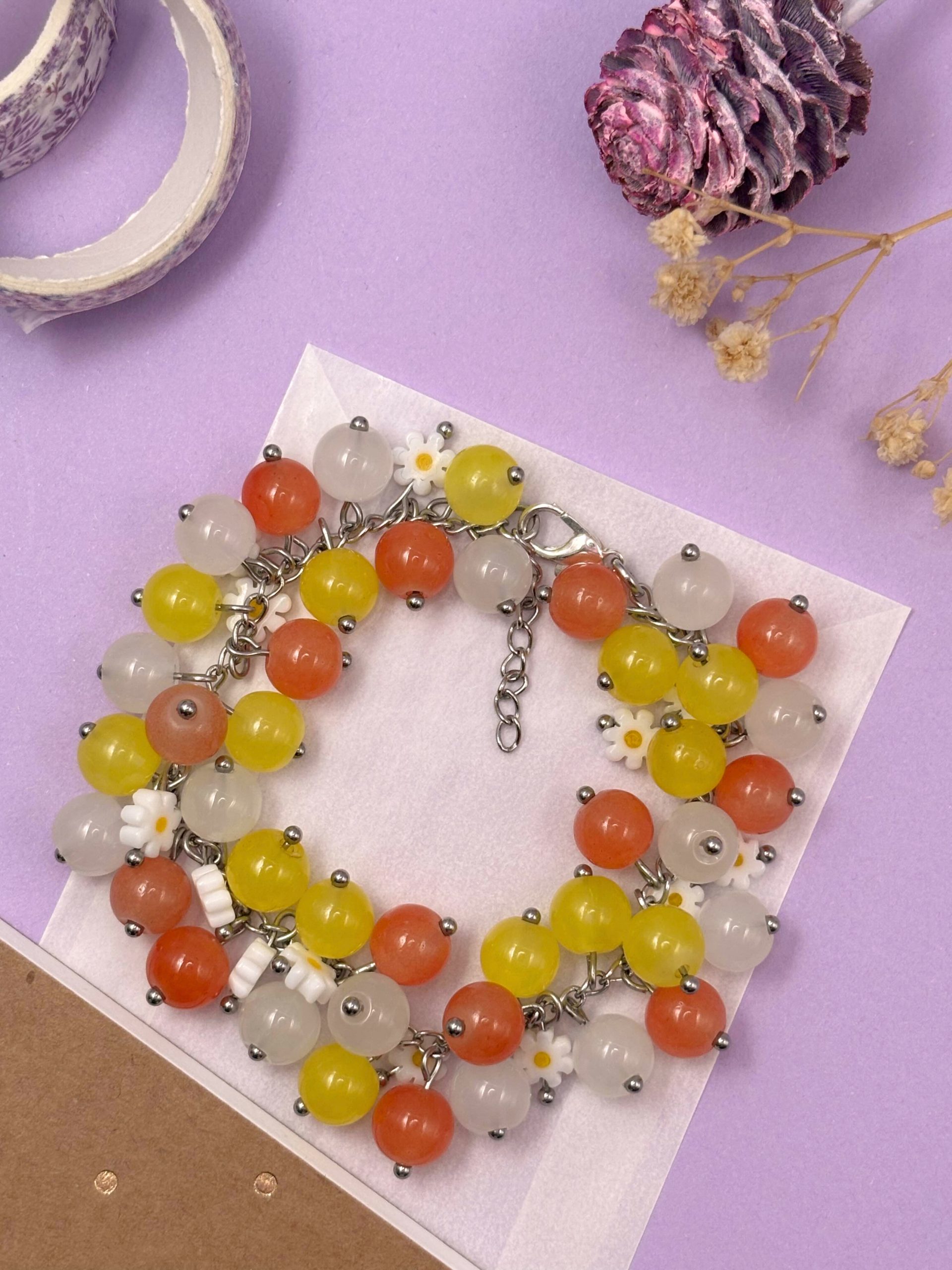 Cluster Bracelet with Mixed Glass Beads and Daisy Charms - Image 2