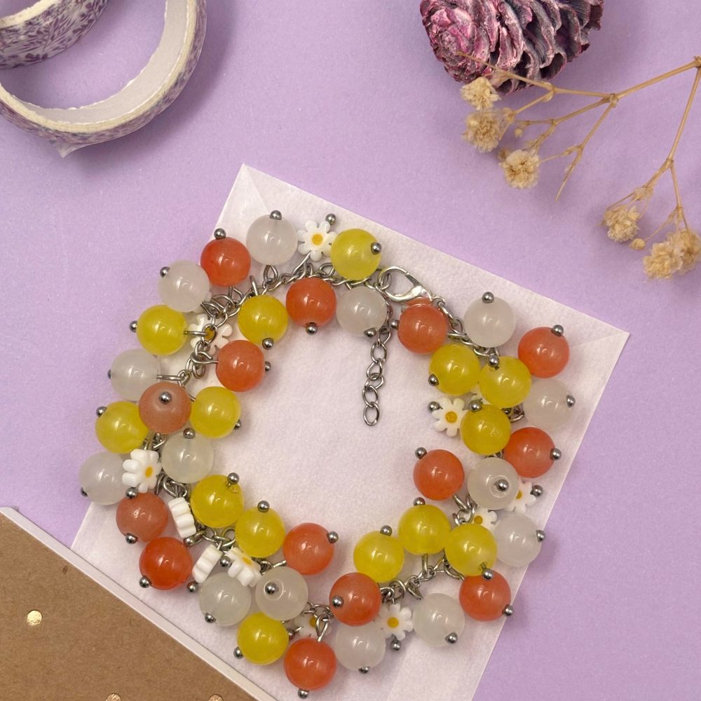 Cluster Bracelet with Mixed Glass Beads and Daisy Charms