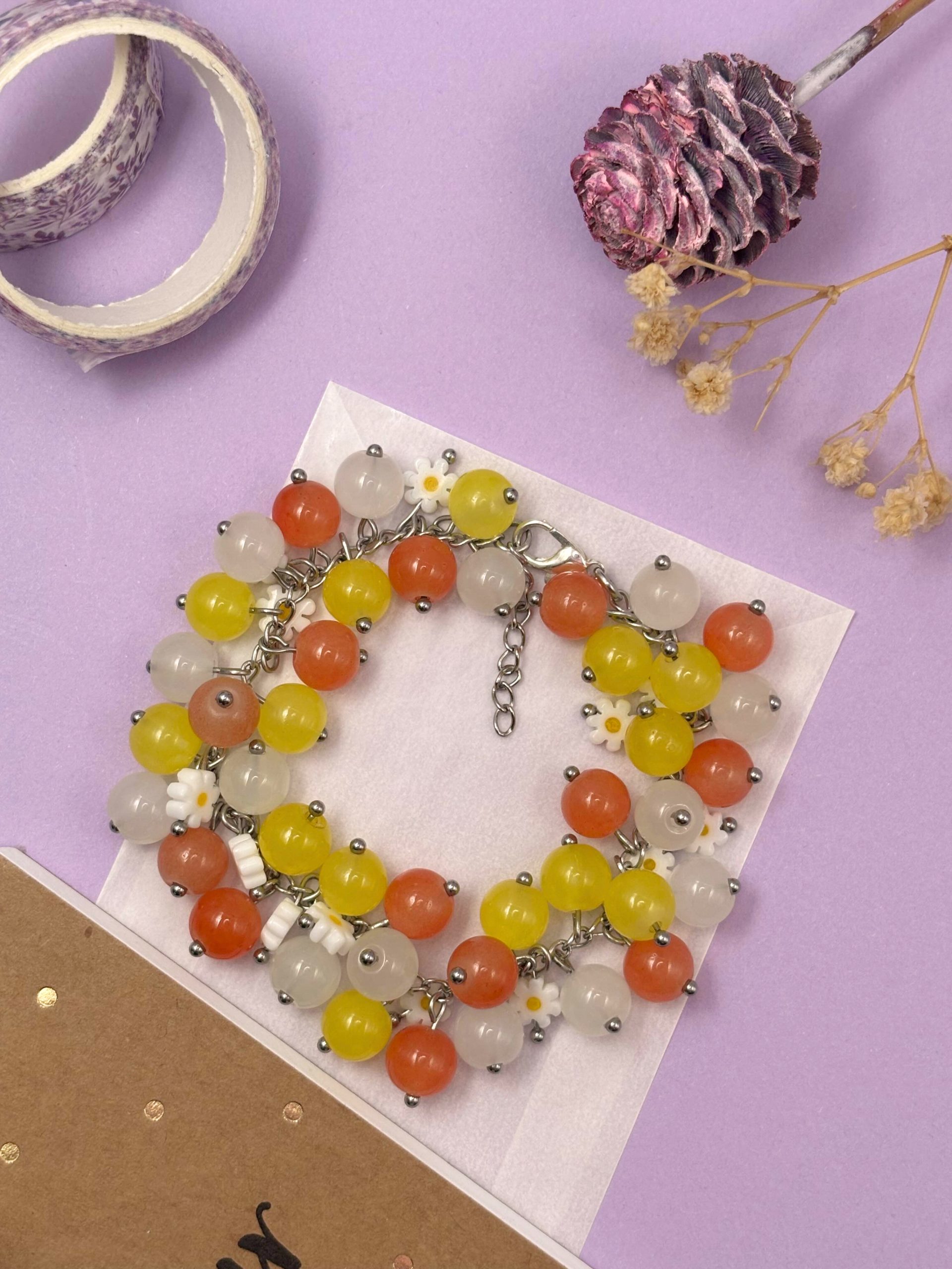 Cluster Bracelet with Mixed Glass Beads and Daisy Charms