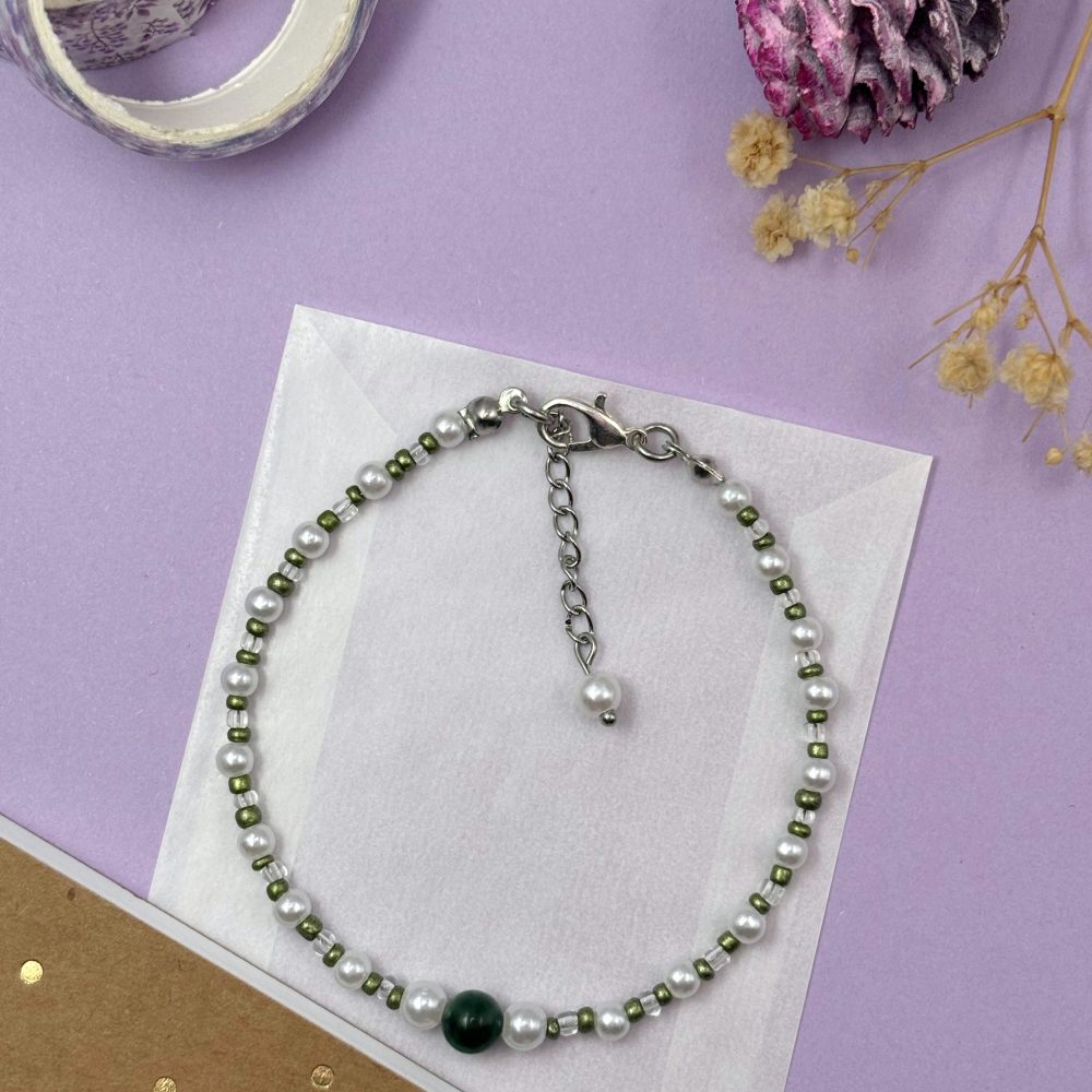 Faux Pearl And Green Seed Bead Bracelet