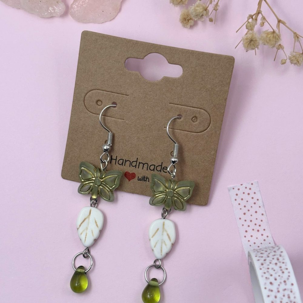 Green Butterfly With Leaf And Green Raindrop Earrings