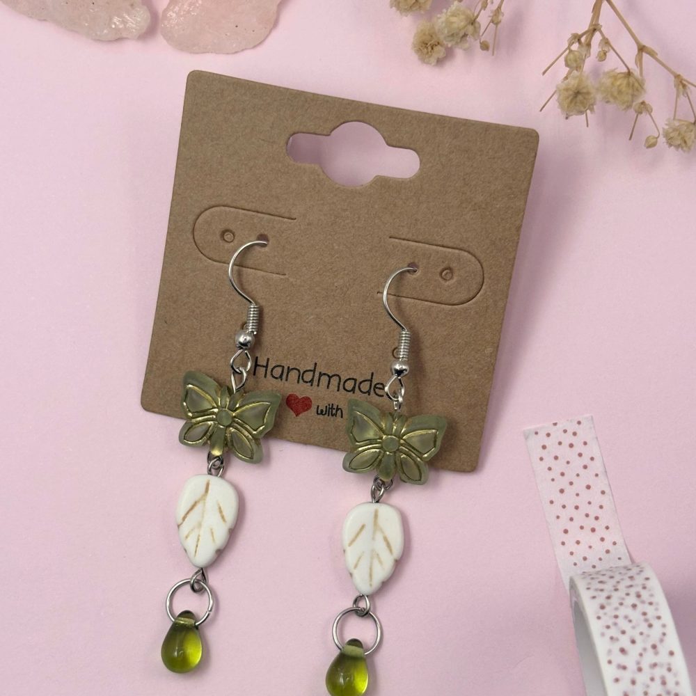 Green Butterfly With Leaf And Green Raindrop Earrings