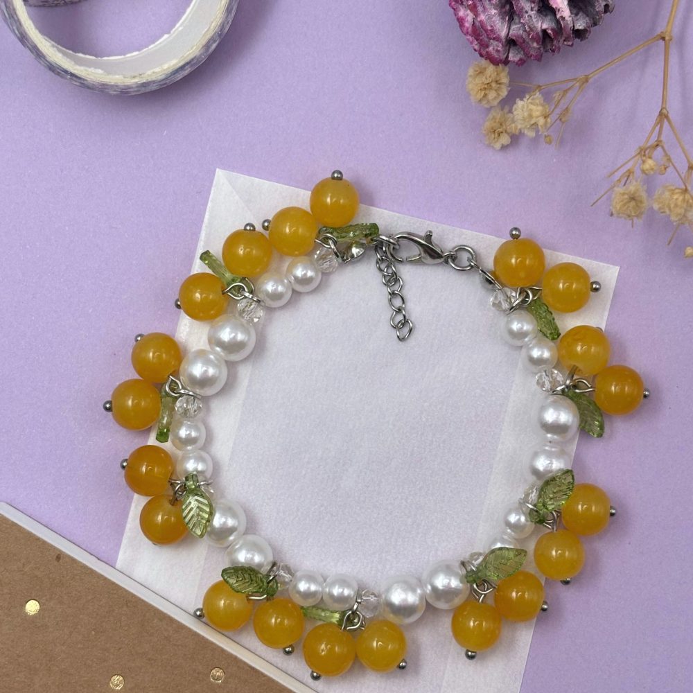 Pearl and Orange Bead Charm Bracelet