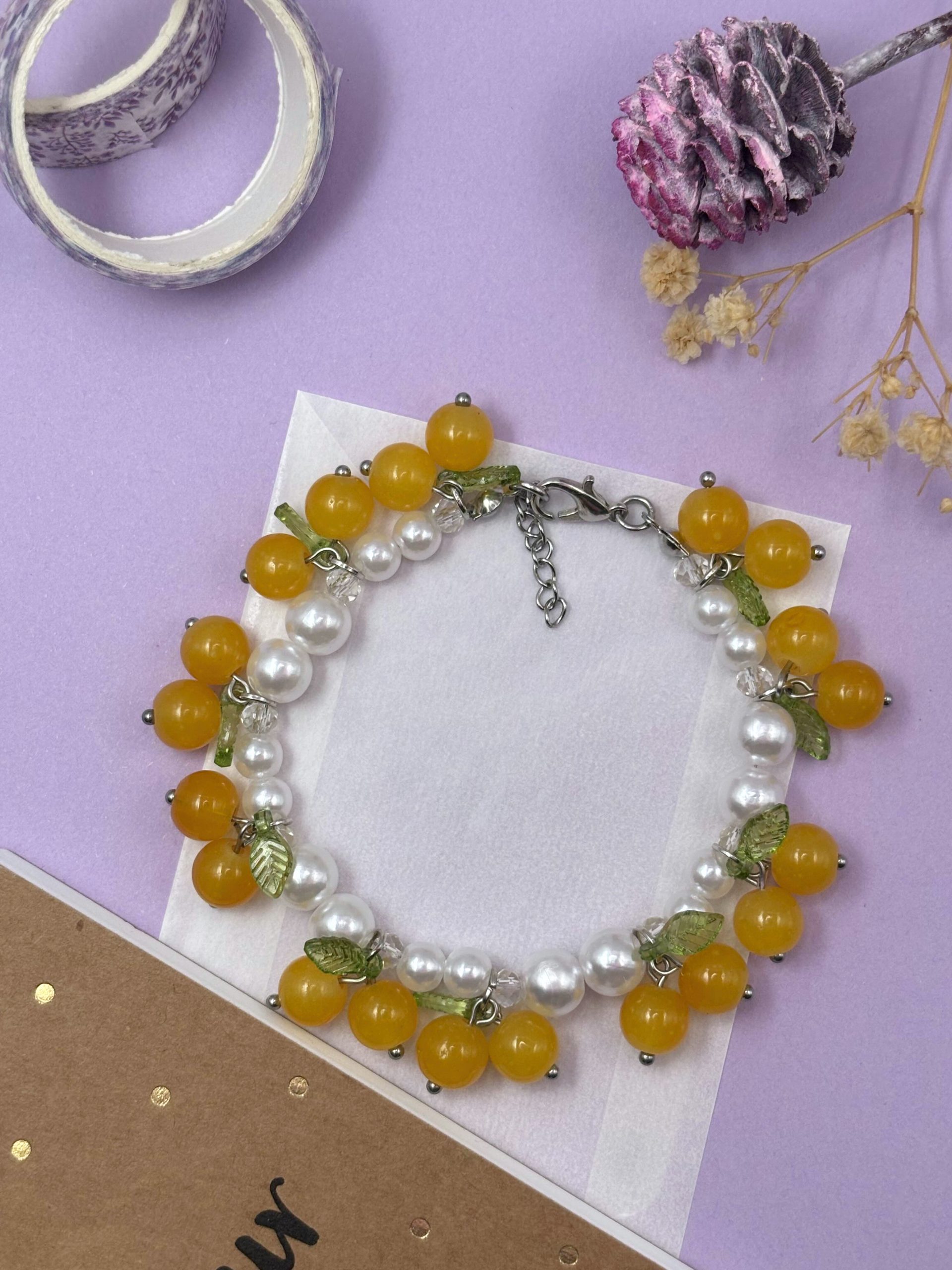 Pearl and Orange Bead Charm Bracelet