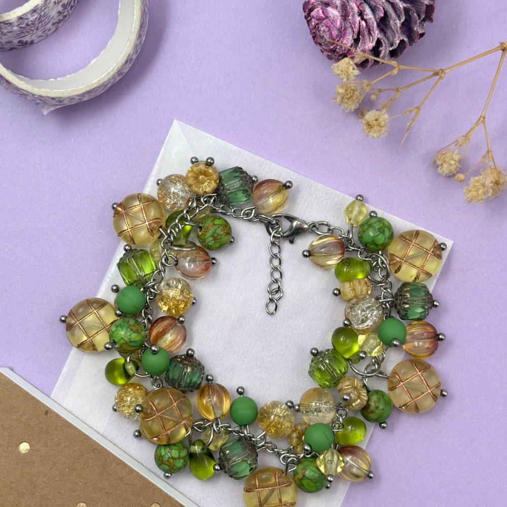 Green and Amber Toned Cluster Bead Bracelet
