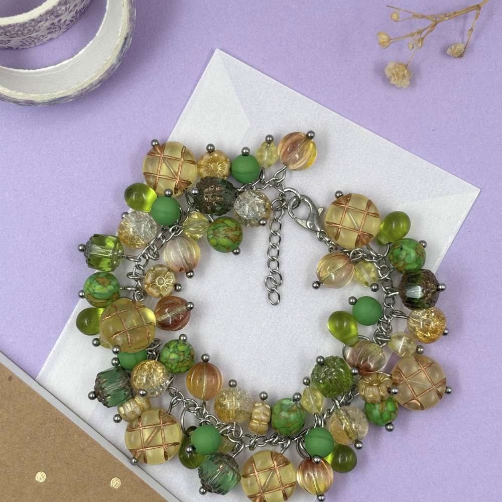 Green and Amber Toned Cluster Bead Bracelet