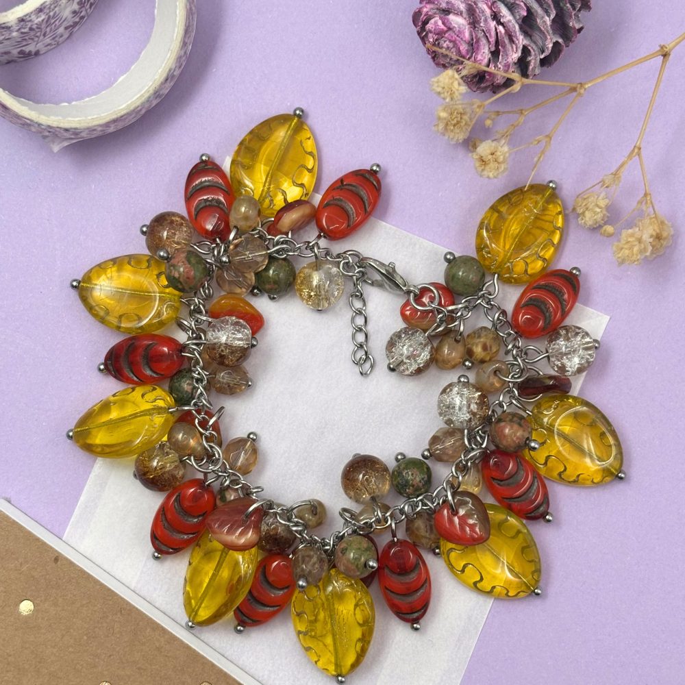 Red and Amber Toned Cluster Bead Bracelet