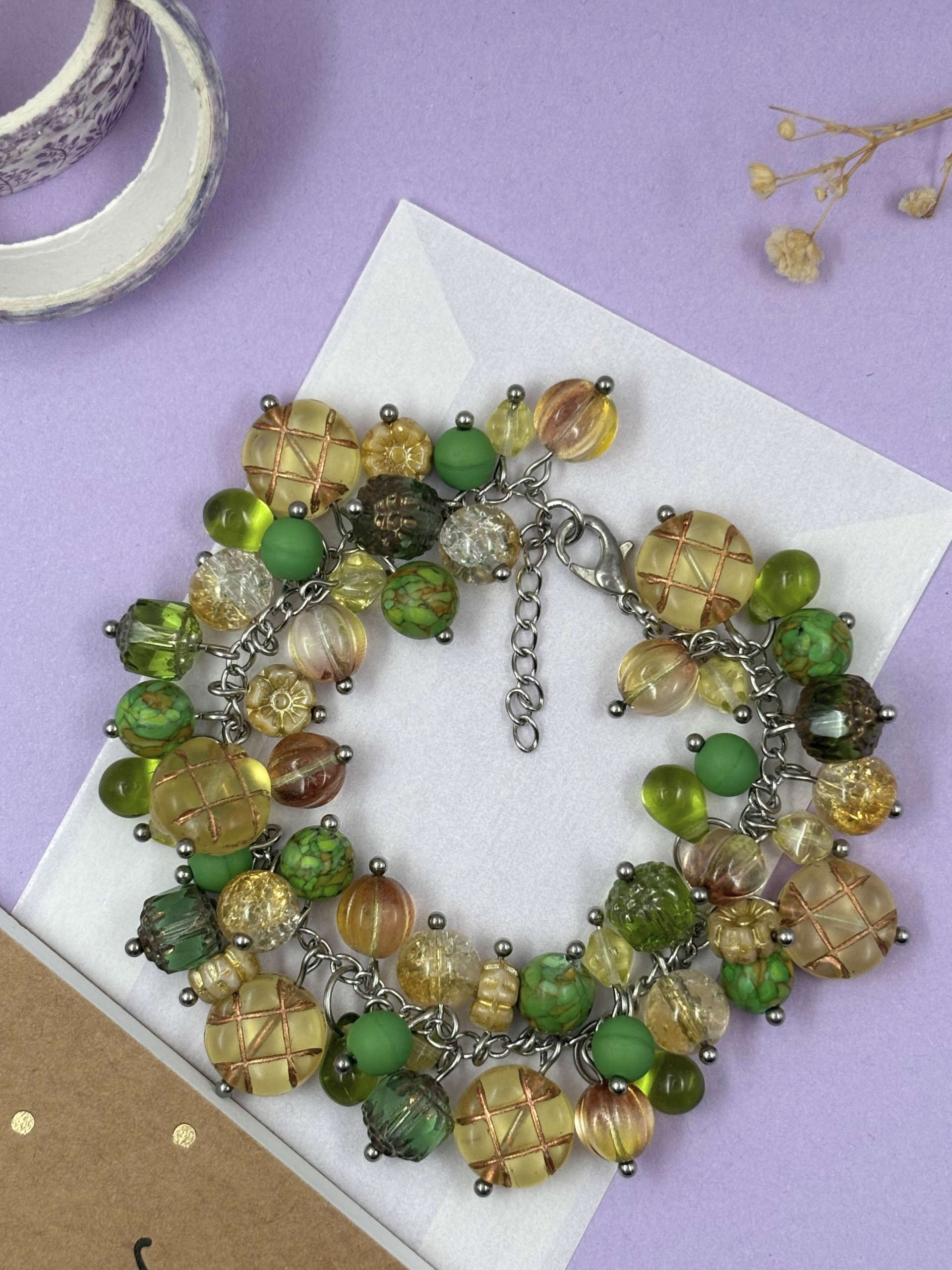 Green and Amber Toned Cluster Bead Bracelet - Image 3