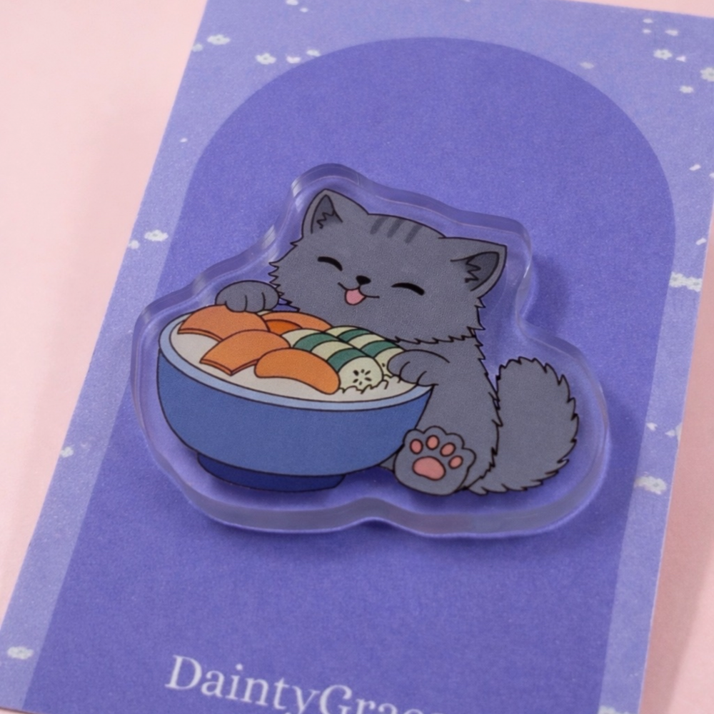 Cat With Sushi Bowl Acrylic Pin